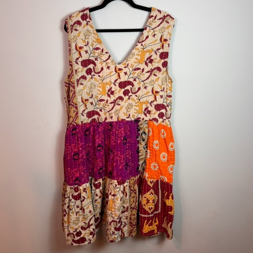 Handmade Kantha Cotton Womens Pink Floral Patchwork Boho Sleeveless Dress OSFM